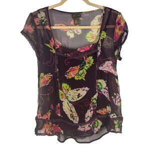 Anthropologie Fei 12 Butterfly Floral Silk Blouse Top Fairycore Boho Whimsical